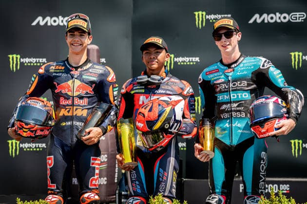 Czech Republic motorcycle Grand Prix BRNO, CZECH REPUBLIC - JUNE 21: (L-R) Second placed Spanish Moto3 rider Brian Uriarte of Red Bull KTM Ajo, winner Malaysian Moto3 rider Hakim Danish of FRINSA MT Helmets MSI and third placed Spanish Moto3 rider Maximo Quiles of CFMOTO Aspar Team pose on podium after winning the race of the Motorcycling Grand Prix of the Czech Republic at Masaryk circuit in Brno, Czech Republic, 21 June 2026. Lukas Kabon Anadolu Brno Czechia. Editorial use only. Please get in touch for any other usage.  Copyright: x2026xAnadoluxLukasxKabonx