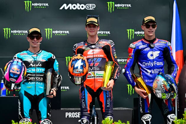 Czech Republic motorcycle Grand Prix, MotoGP World Championship, WM, Weltmeisterschaft Moto2 category, in Brno, Czech Republic, on June 21, 2026. From left second placed David Alonso of Columbia, winner Ivan Ortola of Spain and third placed Filip Salac of Czech Republic. (CTKxPhoto VaclavxSalek) CTKPhotoP2026062103321  CTKPhotoP2026062103321