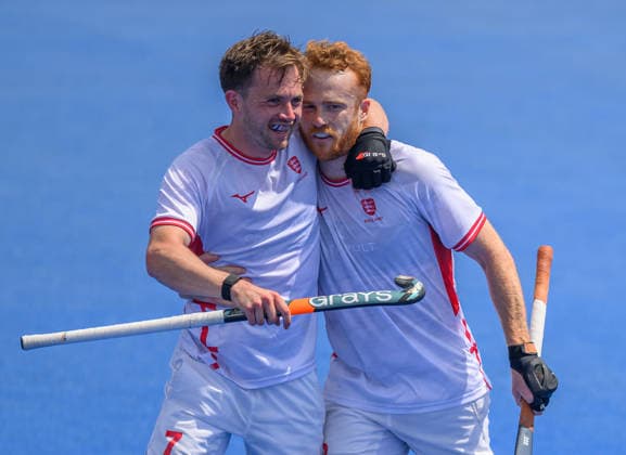 England Men v Australia Men Men s FIH Pro League Zach Wallace and Jack Waller of England Men celebrate the second goal against Australia during the Men s FIH Pro League match at Lee Valley Hockey Tennis Centre, Stratford 21 06 2026 UK Newspapers OUT Copyright: xGraemexWilcocksonx FIL-23567-0004