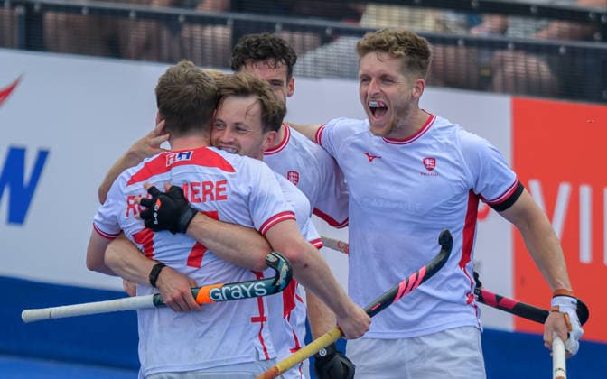 England Men v Australia Men Men s FIH Pro League Nick Bandurak of England Men (right) celebrates his first goal against Australia Men during the Men s FIH Pro League match at Lee Valley Hockey Tennis Centre, Stratford 21 06 2026 UK Newspapers OUT Copyright: xGraemexWilcocksonx FIL-23567-0005
