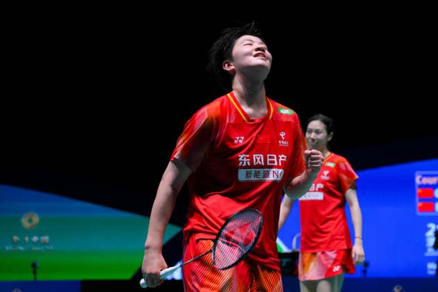 (260621) -- MACAO, June 21, 2026 -- Bao Lijing (back) Cao Zihan of China celebrate after wining the women s doubles final against Chen Fanshutian Liu Jiayue of China at Macao Open badminton tournament 2026 in Macao, south China, June 21, 2026. Cheong Kam Ka) (SP)CHINA-MACAO-BADMINTON-MACAO OPEN 2026-WOMEN S DOUBLES FINAL (CN) ZhangxJinjia 
