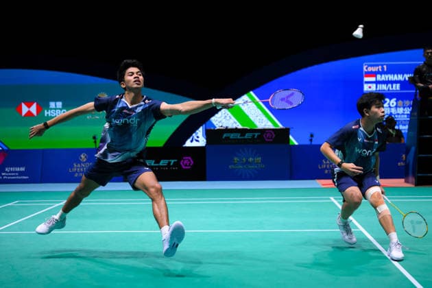 (260621) -- MACAO, June 21, 2026 -- Ali Faathir Rayhan(L) Devin Artha Wahyudi of Indonesia compete during the men s doubles final against Lee Jongmin Jin Yong of South Korea at Macao Open badminton tournament 2026 in Macao, south China, June 21, 2026. ) (SP)CHINA-MACAO-BADMINTON-MACAO OPEN 2026-MEN S DOUBLES FINAL (CN) CheongxKamxKa 