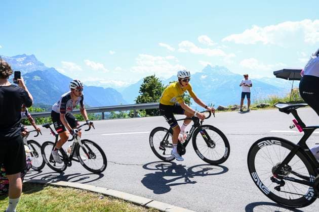 Tour de Suisse 2026 Stage 5 VILLARS-SUR-OLLON, SWITZERLAND - JUNE 21 : Pogacar Tadej (SLO) of UAE Team Emirates XRG in action, Mcnulty Brandon (USA) of UAE Team Emirates - XRG in action during stage 5 of the 89th edition of Tour de Suisse an UCI World Tour 2.UWT cycling road race stage for Men Elite of 151.1 km with start in Villars-sur-Ollon and finish in Villars-sur-Ollon on June 21, 2026 in Villars-sur-Ollon, Switzerland, 21 06 2026 ( Motordriver Guy De Vuyst - Villars-sur-Ollon Switzerland  Copyright: xVincentxKalutx