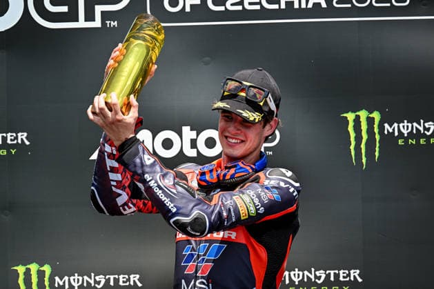 Czech Republic motorcycle Grand Prix BRNO, CZECH REPUBLIC - JUNE 21: Spanish Moto2 rider Ivan Ortola of QJMOTOR-Exocom-MSI celebrates on podium after winning the race at the Masaryk Circuit in Brno, Czech Republic, 21 June 2026. Lukas Kabon Anadolu Brno Czech Republic. Editorial use only. Please get in touch for any other usage.  Copyright: x2026xAnadoluxLukasxKabonx