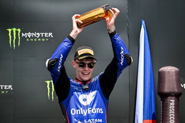 Czech Republic motorcycle Grand Prix BRNO, CZECH REPUBLIC - JUNE 21: Third placed Czech Moto2 rider Filip Salac of Only Fans American Racing Team celebrates on podium after the race at the Masaryk Circuit in Brno, Czech Republic, 21 June 2026. Lukas Kabon Anadolu Brno Czech Republic. Editorial use only. Please get in touch for any other usage.  Copyright: x2026xAnadoluxLukasxKabonx