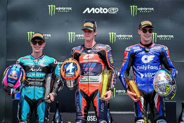 Czech Republic motorcycle Grand Prix BRNO, CZECH REPUBLIC - JUNE 21: (L-R) Second placed Moto2 rider David Alonso of CFMOTO Inde Aspar Team, winner Spanish Moto2 rider Ivan Ortola of QJMOTOR-Exocom-MSI and third placed Czech Moto2 rider Filip Salac of Only Fans American Racing Team pose on podium after race at the Masaryk Circuit in Brno, Czech Republic, 21 June 2026. Lukas Kabon Anadolu Brno Czech Republic. Editorial use only. Please get in touch for any other usage.  Copyright: x2026xAnadoluxLukasxKabonx