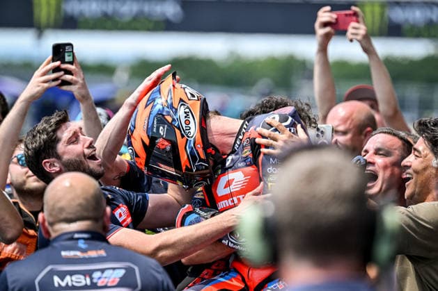 Czech Republic motorcycle Grand Prix BRNO, CZECH REPUBLIC - JUNE 21: Spanish Moto2 rider Ivan Ortola of QJMOTOR-Exocom-MSI celebrates on podium after winning the race at the Masaryk Circuit in Brno, Czech Republic, 21 June 2026. Lukas Kabon Anadolu Brno Czech Republic. Editorial use only. Please get in touch for any other usage.  Copyright: x2026xAnadoluxLukasxKabonx