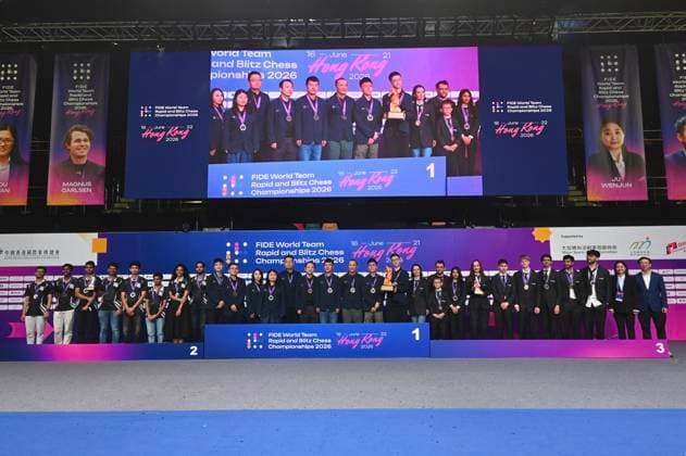 RECORD DATE NOT STATED HONG KONG-SPORTS RAPID CHESS Team Dragon Chilling, Team MGD1 and Hexamind Chess Team at the Rapid podium of FIDE World Team Rapid and Blitz Chess Championships 2026 in Hong Kong, June 21, 2026. NEXPHER Kobe Li Hong Kong