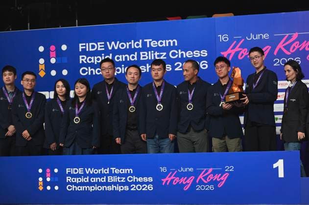 RECORD DATE NOT STATED HONG KONG-SPORTS RAPID CHESS Team Dragon Chilling getting Rapid champion and posing photo at FIDE World Team Rapid and Blitz Chess Championships 2026 in Hong Kong, June 21, 2026. NEXPHER Kobe Li Hong Kong