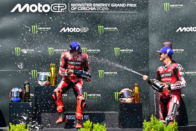 Czech Republic motorcycle Grand Prix, MotoGP World Championship, WM, Weltmeisterschaft MotoGP category, in Brno, Czech Republic, on June 21, 2026. From left winner Marc Marquez of Spain and third placed Francesco Bagnaia of Italy. (CTKxPhoto VaclavxSalek) CTKPhotoP2026062103904  CTKPhotoP2026062103904