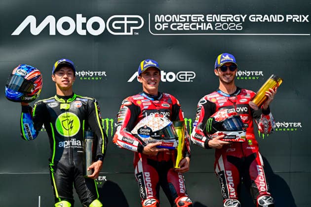 Czech Republic motorcycle Grand Prix, MotoGP World Championship, WM, Weltmeisterschaft MotoGP category, in Brno, Czech Republic, on June 21, 2026. From left second placed Ai Ogura of Japan, winner Marc Marquez of Spain and third placed Francesco Bagnaia of Italy. (CTKxPhoto VaclavxSalek) CTKPhotoP2026062103897  CTKPhotoP2026062103897