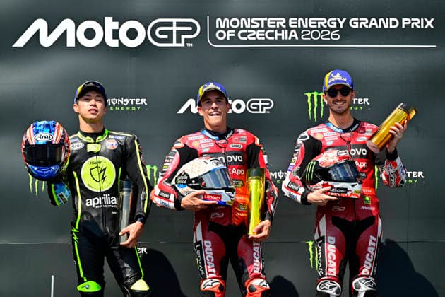 Czech Republic motorcycle Grand Prix, MotoGP World Championship, WM, Weltmeisterschaft MotoGP category, in Brno, Czech Republic, on June 21, 2026. From left second placed Ai Ogura of Japan, winner Marc Marquez of Spain and third placed Francesco Bagnaia of Italy. (CTKxPhoto VaclavxSalek) CTKPhotoP2026062103899  CTKPhotoP2026062103899