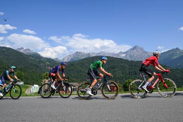 Tour de Suisse 2026 Stage 5 VILLARS-SUR-OLLON, SWITZERLAND - JUNE 21 : Gaffuri Mattia (ITA) of Team Picnic PostNL, Vervaeke Louis (BEL) of Soudal Quick-Step, Schmid Mauro (SUI) of Team Jayco AlUla in action during stage 5 of the 89th edition of Tour de Suisse an UCI World Tour 2.UWT cycling road race stage for Men Elite of 151.1 km with start in Villars-sur-Ollon and finish in Villars-sur-Ollon on June 21, 2026 in Villars-sur-Ollon, Switzerland, 21 06 2026 ( Motordriver Guy De Vuyst - Villars-sur-Ollon Switzerland  Copyright: xVincentxKalutx