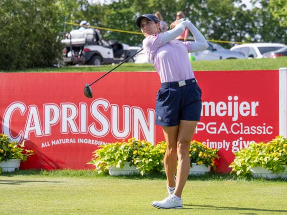 BELMONT, MI - JUNE 21: Azahara Munoz tee™s off during the final round of the LPGA, Golf Damen Meijer LPGA Classic for Simply Give on June 21, 2026, at Blythefield Country Club in Belmont, Michigan. (Photo by Joseph Weiser Icon Sportswire) GOLF: JUN 21 LPGA Meijer LPGA Classic for Simply Give EDITORIAL USE ONLY Icon260621010