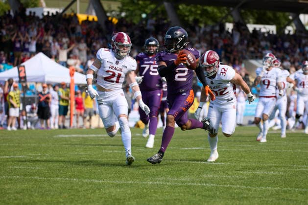 Frankfurt Galaxy - Prag Lions, American Football, European Football Alliance (EFA), Saison 2026, 21.06.2026. Touchdown 2 Mason Chambers (DB, Frankfurt Galaxy) im Spiel zwischen Frankfurt Galaxy und Prague Lions in der European Football Alliance (EFA) in Frankfurt am Main, Deutschland. Hessen Deutschland *** Frankfurt Galaxy vs. Prague Lions, American Football, European Football Alliance (EFA), 2026 Season, June 21, 2026, Touchdown 2 by Mason Chambers (DB), Frankfurt Galaxy, in the game between the Frankfurt Galaxy and the Prague Lions in the European Football Alliance (EFA) in Frankfurt am Main, Hesse, Germany,detected_source_language PRGatFGY_SCHRICK_DSK_5816