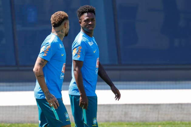 Brazil s Neymar (L) and Vinicius Jr. (R) take part in a training session in Morristown, United States, 21 June 2026. Brazil will face Scotland in their 2026 FIFA World Cup, WM, Weltmeisterschaft, Fussball Group C soccer match on 25 June. FIFA World Cup 2026 - Brazil s training session !ACHTUNG: NUR REDAKTIONELLE NUTZUNG!  Copyright: xSebastiaoxMoreirax GRAF2697 20260621-55020666250_1