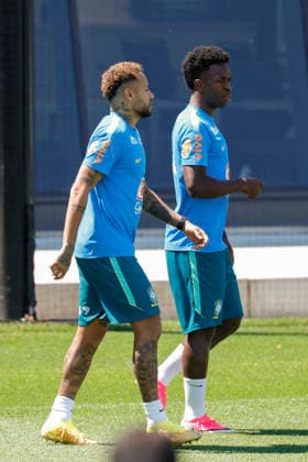 Brazil s Neymar (L) and Vinicius Jr. (R) take part in a training session in Morristown, United States, 21 June 2026. Brazil will face Scotland in their 2026 FIFA World Cup, WM, Weltmeisterschaft, Fussball Group C soccer match on 25 June. FIFA World Cup 2026 - Brazil s training session !ACHTUNG: NUR REDAKTIONELLE NUTZUNG!  Copyright: xSebastiaoxMoreirax GRAF2698 20260621-55020666251_1