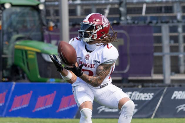 EFA - European Football Alliance: Frankfurt Galaxy - Prague Lions, 21.06.2026 William Patterson (Prague Lions 2) fängt den Ball und erzielt eine nTouchdwon, Frankfurt Galaxy - Prague Lions, Frankfurt, PSD Bank Arena, 21.6.2026 *** EFA European Football Alliance Frankfurt Galaxy vs. Prague Lions, June 21, 2026. William Patterson of the Prague Lions catches the ball and scores a touchdown, Frankfurt Galaxy vs. Prague Lions, Frankfurt, PSD Bank Arena, June 21, 2026,detected_source_language Copyright: xBEAUTIFULxSPORTS Gawlikx
