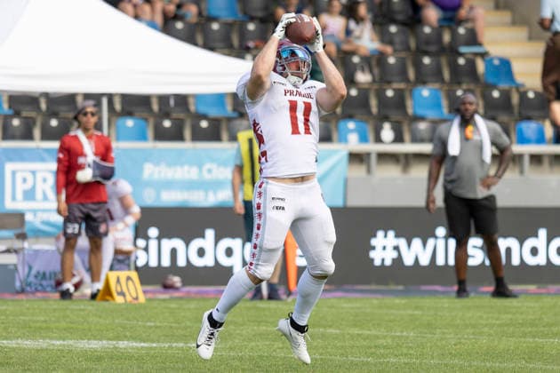 EFA - European Football Alliance: Frankfurt Galaxy - Prague Lions, 21.06.2026 Adam Zouzelka (Prague Lions 11) fängt den Ball Freisteller, Portrait Porträt, Frankfurt Galaxy - Prague Lions, Frankfurt, PSD Bank Arena, 21.6.2026 *** EFA European Football Alliance Frankfurt Galaxy Prague Lions, June 21, 2026 Adam Zouzelka (No. 11, Prague Lions) catches the ball; stock photo, portrait, Frankfurt Galaxy Prague Lions, Frankfurt, PSD Bank Arena, June 21, 2026,detected_source_language Copyright: xBEAUTIFULxSPORTS Gawlikx