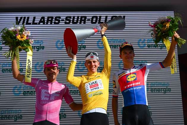 Tour de Suisse 2026 Stage 5 VILLARS-SUR-OLLON, SWITZERLAND - JUNE 21 : Carapaz Richard (ECU) of EF Education EasyPost, Pogacar Tadej (SLO) of UAE Team Emirates XRG, Vacek Mathias (CZE) of Lidl Trek on the podium during stage 5 of the 89th edition of Tour de Suisse an UCI World Tour 2.UWT cycling road race stage for Men Elite of 151.1 km with start in Villars-sur-Ollon and finish in Villars-sur-Ollon on June 21, 2026 in Villars-sur-Ollon, Switzerland, 21 06 2026 ( Motordriver Guy De Vuyst - Villars-sur-Ollon Switzerland  Copyright: xVincentxKalutx