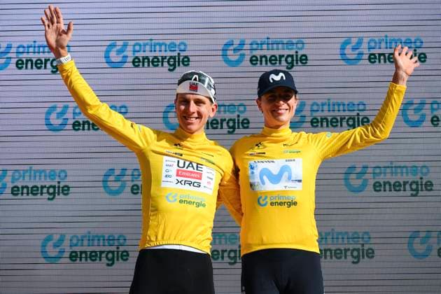 Tour de Suisse 2026 Stage 5 VILLARS-SUR-OLLON, SWITZERLAND - JUNE 21 : Pogacar Tadej (SLO) of UAE Team Emirates XRG and Reusser Marlen (SUI) of Movistar Team on the podium during stage 5 of the 89th edition of Tour de Suisse an UCI World Tour 2.UWT cycling road race stage for Men Elite of 151.1 km with start in Villars-sur-Ollon and finish in Villars-sur-Ollon on June 21, 2026 in Villars-sur-Ollon, Switzerland, 21 06 2026 ( Motordriver Guy De Vuyst - Villars-sur-Ollon Switzerland  Copyright: xVincentxKalutx