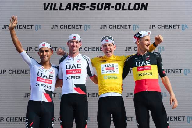 Tour de Suisse 2026 Stage 5 VILLARS-SUR-OLLON, SWITZERLAND - JUNE 21 : Narvaez Jhonatan (ECU) of UAE Team Emirates XRG, Wellens Tim (BEL) of UAE Team Emirates XRG, Pogacar Tadej (SLO) of UAE Team Emirates XRG, during stage 5 of the 89th edition of Tour de Suisse an UCI World Tour 2.UWT cycling road race stage for Men Elite of 151.1 km with start in Villars-sur-Ollon and finish in Villars-sur-Ollon on June 21, 2026 in Villars-sur-Ollon, Switzerland, 21 06 2026 ( Motordriver Guy De Vuyst - Villars-sur-Ollon Switzerland  Copyright: xVincentxKalutx