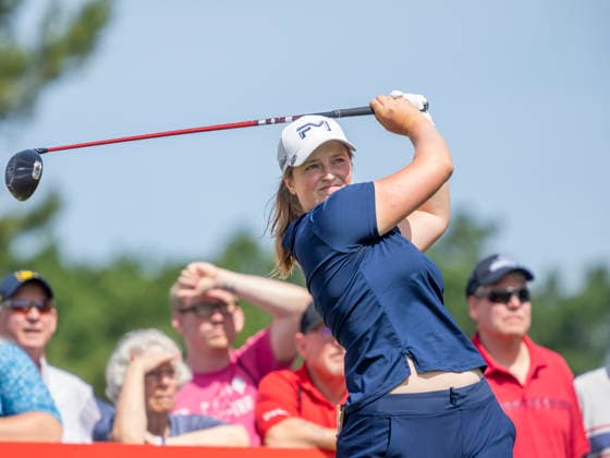 BELMONT, MI - JUNE 21: Lottie Woad tee™s off during the final round of the LPGA, Golf Damen Meijer LPGA Classic for Simply Give on June 21, 2026, at Blythefield Country Club in Belmont, Michigan. (Photo by Joseph Weiser Icon Sportswire) GOLF: JUN 21 LPGA Meijer LPGA Classic for Simply Give EDITORIAL USE ONLY Icon260621028