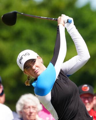 BELMONT, MI - JUNE 21: LPGA, Golf Damen golfer Cassie Porter plays her tee shot on the 2nd hole on June 21, 2026, during the final round of the LPGA Meijer LPGA Classic for Simply Give at Blythefield Country Club in Belmont, Michigan. (Photo by Brian Spurlock Icon Sportswire) GOLF: JUN 21 LPGA Meijer LPGA Classic for Simply Give EDITORIAL USE ONLY Icon26062133