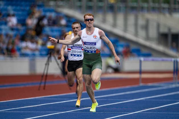 RECORD DATE NOT STATED 21st June 2026; Alexander Stadium, Birmingham, West Midlands, England; 2026 Novuna UK Athletics Championships; Alastair Chalmers of Guernsey AC celebrates winning the final of the mens 400m hurdles GodfreyxPitt