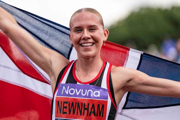 RECORD DATE NOT STATED 21st June 2026; Alexander Stadium, Birmingham, West Midlands, England; 2026 Novuna UK Athletics Championships; Emily Newnham of Shaftesbury Barnet Harriers celebrates winning the final of the womens 400m hurdles GodfreyxPitt