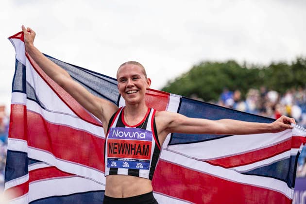 RECORD DATE NOT STATED 21st June 2026; Alexander Stadium, Birmingham, West Midlands, England; 2026 Novuna UK Athletics Championships; Emily Newnham of Shaftesbury Barnet Harriers celebrates winning the final of the womens 400m hurdles GodfreyxPitt