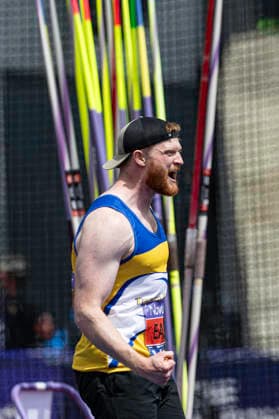 RECORD DATE NOT STATED 21st June 2026; Alexander Stadium, Birmingham, West Midlands, England; 2026 Novuna UK Athletics Championships; Benjamin East of Team Kennet celebrates winning the final of the mens javelin GodfreyxPitt