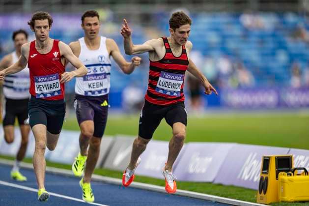 RECORD DATE NOT STATED 21st June 2026; Alexander Stadium, Birmingham, West Midlands, England; 2026 Novuna UK Athletics Championships; Arlo Ludewick of Herne Hill Harriers celebrates winning the final of the mens 1500m GodfreyxPitt