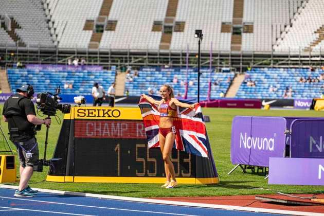 RECORD DATE NOT STATED 21st June 2026; Alexander Stadium, Birmingham, West Midlands, England; 2026 Novuna UK Athletics Championships; Georgia Hunter Bell of Belgrave Harriers celebrates winning the womens 800m in a championship record time GodfreyxPitt