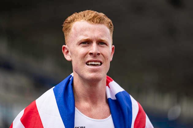 RECORD DATE NOT STATED 21st June 2026; Alexander Stadium, Birmingham, West Midlands, England; 2026 Novuna UK Athletics Championships; Alastair Chalmers of Guernsey AC celebrates winning the final of the mens 400m hurdles GodfreyxPitt