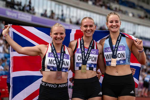 RECORD DATE NOT STATED 21st June 2026; Alexander Stadium, Birmingham, West Midlands, England; 2026 Novuna UK Athletics Championships; Emily Newnham of Shaftesbury Barnet Harriers celebrates winning the final of the womens 400m hurdles with Hayley Mclean of Shaftesbury Barnet Harriers in second and Arabella Wilson of TVH in third GodfreyxPitt