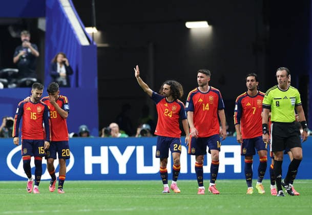 (260622) -- ATLANTA, June 22, 2026 -- Marc Cucurella (3rd L) of Spain reacts during the group H match between Spain and Saudi Arabia at the 2026 FIFA World Cup, WM, Weltmeisterschaft, Fussball at Atlanta Stadium in Atlanta, the United States, June 21, 2026. ) (SP)U.S.-ATLANTA-FOOTBALL-FIFA WORLD CUP-GROUP H-ESP VS KSA WangxKaiyan 