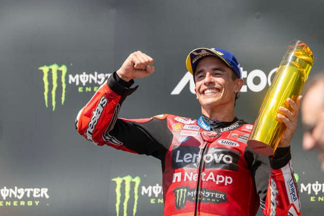 MotoGP of Czechia - Race Number 93 Ducati Lenovo Team rider Marc Marquez celebrates winning the race at the 2026 MotoGP Grand Prix of Czechia. Brno Brno Czech Republic  Copyright: xStephenxBlackberryx originalFilename:blackberry-2026moto260624_npazU.jpg