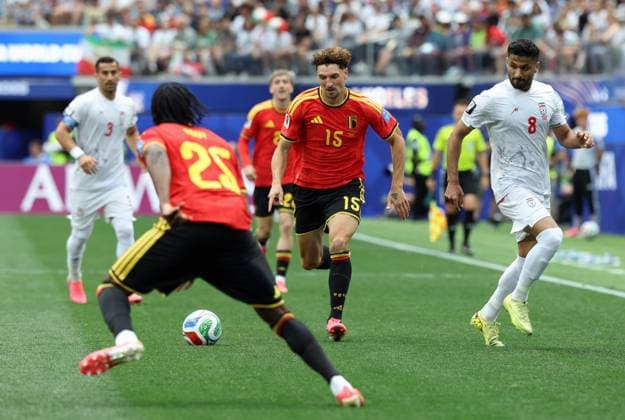 Belgium s Thomas Meunier pictured in action during a soccer game between Belgian national team, Nationalteam Red Devils and Iran, on Sunday 21 June 2026, at the SoFi stadium in Los Angeles, the second game in the group stage of the FIFA World Cup, WM, Weltmeisterschaft, Fussball 2026 in the United States of America. The Diables Rouges - Rode Duivels were drawn into Group G. BRUNOxFAHY  x178648478x