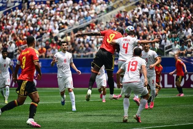 Belgium s Romelu Lukaku and Iran s Shojae Khalilzadeh fight for the ball during a soccer game between Belgian national team, Nationalteam Red Devils and Iran, on Sunday 21 June 2026, at the SoFi stadium in Los Angeles, the second game in the group stage of the FIFA World Cup, WM, Weltmeisterschaft, Fussball 2026 in the United States of America. The Diables Rouges - Rode Duivels were drawn into Group G. DIRKxWAEM  x178649602x