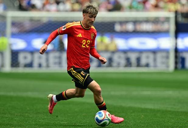 Belgium s Alexis Saelemaekers fights for the ball during a soccer game between Belgian national team, Nationalteam Red Devils and Iran, on Sunday 21 June 2026, at the SoFi stadium in Los Angeles, the second game in the group stage of the FIFA World Cup, WM, Weltmeisterschaft, Fussball 2026 in the United States of America. The Diables Rouges - Rode Duivels were drawn into Group G. DIRKxWAEM  x178650513x