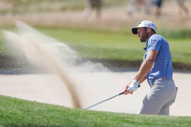 Sam Burns hits out of a bunker to the 7th green during the final round of the 126th U.S. Open Golf Championship at Shinnecock Hills Golf Club in Southampton, NY, on Sunday, June 21, 2026.  NYC20260621812 JOHNxANGELILLO
