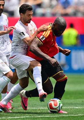 Belgium s Romelu Lukaku fights for the ball during a soccer game between Belgian national team, Nationalteam Red Devils and Iran, on Sunday 21 June 2026, at the SoFi stadium in Los Angeles, the second game in the group stage of the FIFA World Cup, WM, Weltmeisterschaft, Fussball 2026 in the United States of America. The Diables Rouges - Rode Duivels were drawn into Group G. DIRKxWAEM  x178653496x