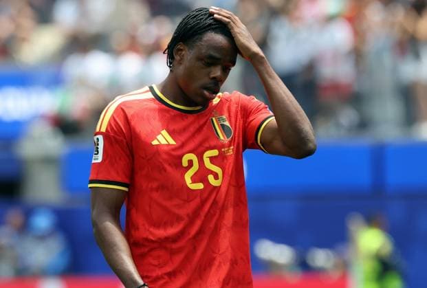 Belgium s Nathan Ngoy leaves the field after receiving a red card during a soccer game between Belgian national team, Nationalteam Red Devils and Iran, on Sunday 21 June 2026, at the SoFi stadium in Los Angeles, the second game in the group stage of the FIFA World Cup, WM, Weltmeisterschaft, Fussball 2026 in the United States of America. The Diables Rouges - Rode Duivels were drawn into Group G. BRUNOxFAHY  x178659286x