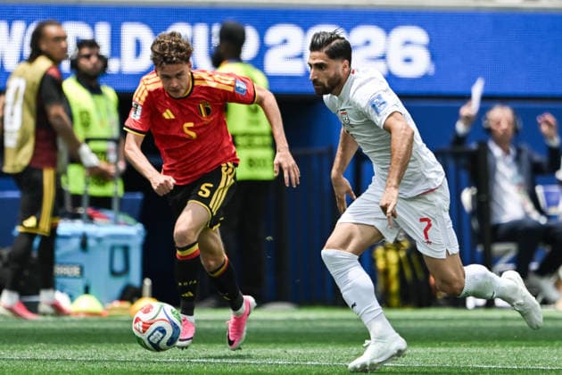 Alireza Jahanbakhsh of IR Iran (R) runs with the ball during a FIFA Men’s World Cup 2026 Group Stage football match between Belgium and Iran at Los Angeles Stadium, in Inglewood on June 21th 2026 (Photo by Nayra Halm SPP)  Copyright: xNayraxHalm SPPx Sportspressphoto_SPR172902