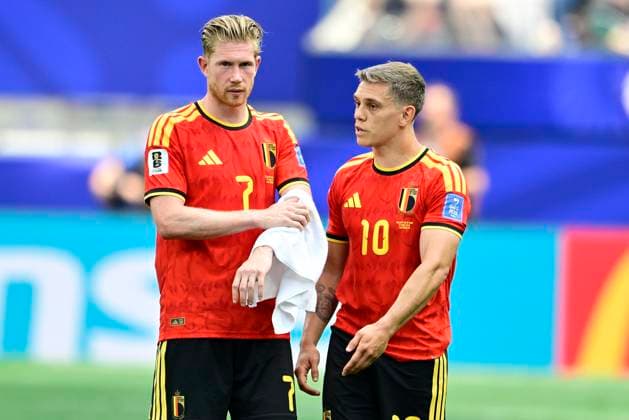 Belgium vs Iran - FIFA World Cup, WM, Weltmeisterschaft, Fussball 2026 LOS ANGELES, USA - JUNE 21 : De Bruyne Kevin forward of Belgium and Trossard Leandro forward of Belgium looks dejected after the FIFA World Cup 2026 Group G match between Belgium and Iran at the SOFI STADIUM on June 21, 2026 in Los Angeles, USA, 21 06 2026 Los Angeles United States of America  Copyright: xJanxDexMeuleneirx
