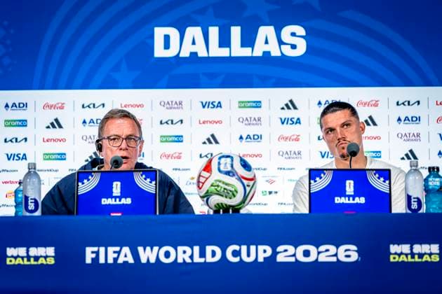 DALLAS - Austria national team, Nationalteam coach Ralf Rangnick and Marcel Sabitzer of Austria during the 2026 World Cup, Austrian press conference, PK, Pressekonferenz at AT&T Stadium on June 21, 2026 in Dallas, United States. (Photo by Stefan Koops EYE4IMAGES DeFodi Images) - *** DALLAS
