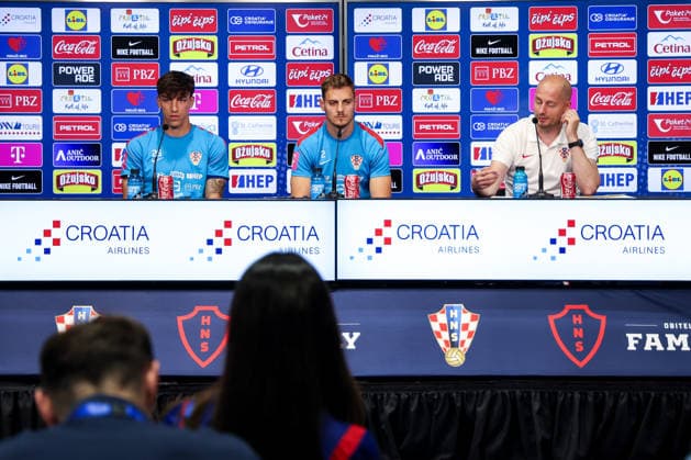 Croatia press conference, PK, Pressekonferenz - FIFA World Cup, WM, Weltmeisterschaft, Fussball 2026 Petar Musa and Josip Stanisic; speaks during a Team Croatia press conference at training centre at Episcopal High School on June 21, 2026 in Alexandria, Virginia.  IgorxKralj PIXSELL