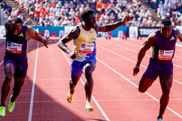 Ronnie Baker of the United States of America and Elvis Afrifa of the Netherlands and Ferdinand Omanyala of Kenya Dutch FBK Games 2026, FBK Games International Athletic, FBK Games International Athletic, Fanny Blankers Koen Stadium, June 21, 2026, Hengelo, Netherlands.