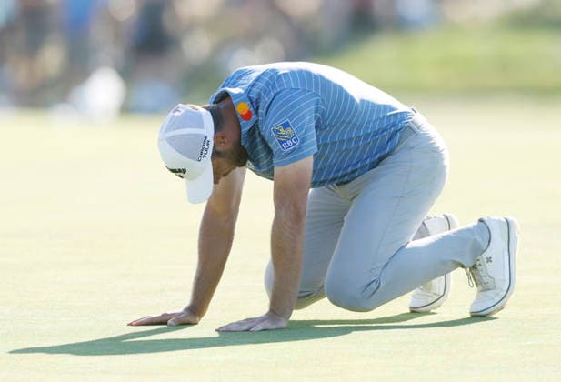 Sam Burns reacts after missing a putt on the 18th hole during the final round of the 126th U.S. Open Golf Championship at Shinnecock Hills Golf Club in Southampton, NY, on Sunday, June 21, 2026.  NYC20260621872 JOHNxANGELILLO